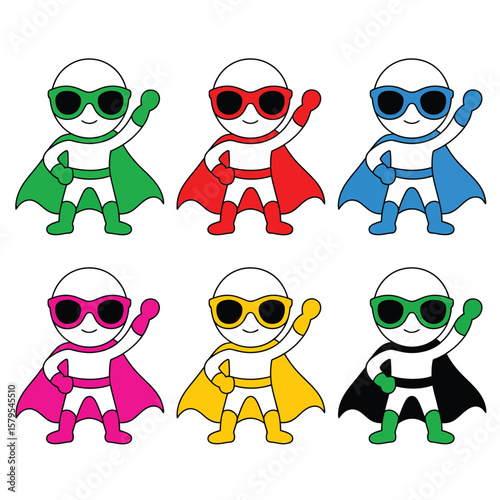 Six diverse cartoon superheroes with capes and sunglasses posed confidently