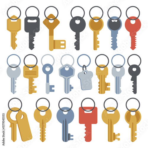 Collection of colorful flat design keys with keychains on a white background