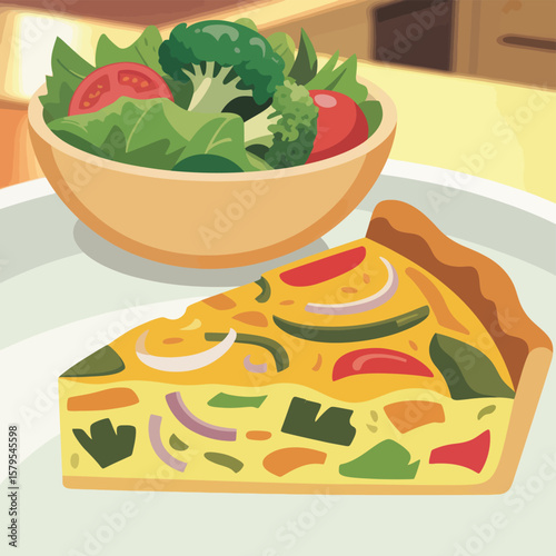 Slice of vegetable quiche served with a fresh green salad in a bowl