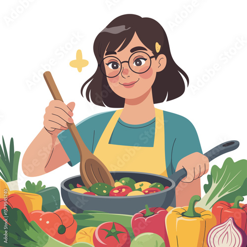 Young woman wearing glasses and apron happily cooking vegetables in a pan