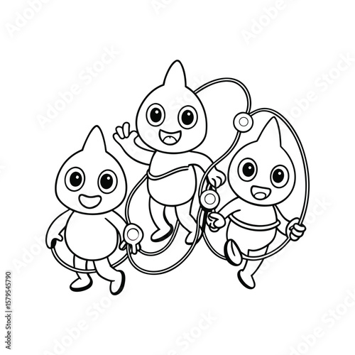 Tiny Halloween monsters playing jump rope with glowing candy kids coloring book Vector illustration