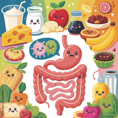 Cute cartoon stomach and intestines with healthy food and probiotics