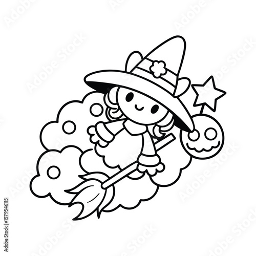 A Halloween witch flying across a fluffy cloud kids coloring book Vector illustration