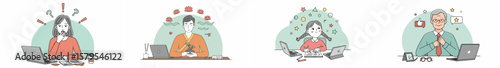 Modern illustration of four professionals engaged in work activities in a bright indoor workspace