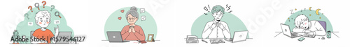 Multi-panel illustration of diverse work-from-home scenarios with light green arches