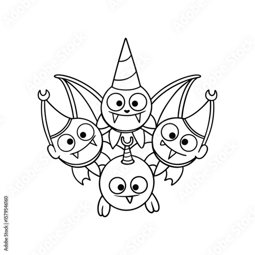 A Halloween bat family hanging upside down in harmony kids coloring book Vector illustration