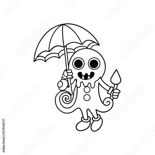 A Halloween ghost holding umbrella as candy rains down kids coloring book Vector illustration