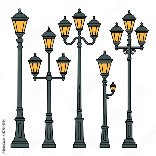 Collection of vintage street lamps with glowing yellow lights on white background
