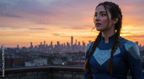 Hopeful girl in superhero costume looking over city at sunset, full of dreams and ambition.