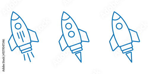 Set of rocket vector icons. Launch spaceship or spacecraft. Rocket fast flying for space. New business start up.