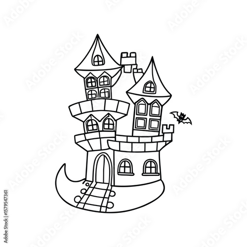 A spooky Halloween haunted castle with fun details kids coloring book Vector illustration