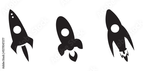 Set of rocket vector icons. Launch spaceship or spacecraft. Rocket fast flying for space. New business start up.