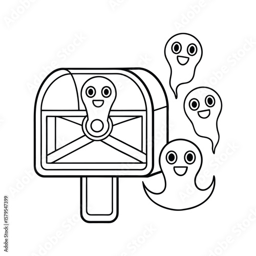 A haunted Halloween mailbox with ghosts delivering letters kids coloring book Vector illustration