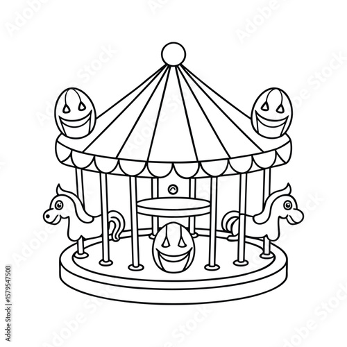 A haunted merry go round with ghost horses and lantern kids coloring book Vector illustration
