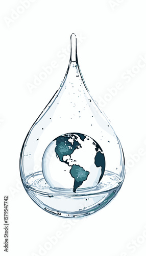 Water droplet with globe inside, concept of global impact, eco-friendly design, clear imagery