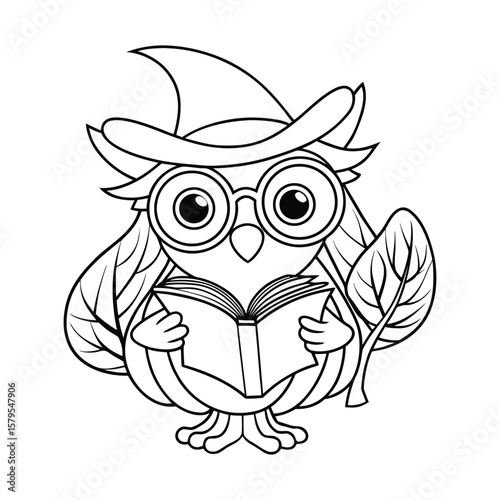 A Halloween owl wearing glasses reading a magical spell book kids coloring book Vector illustration