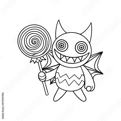 A Halloween monster with giant lollipop and bat wings kids coloring book Vector illustration