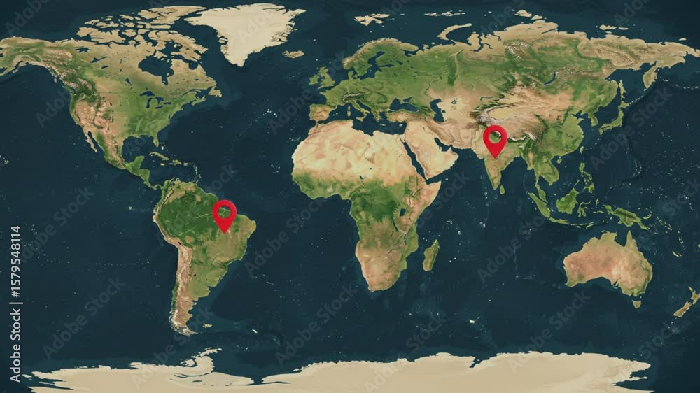 Animated world map with a dotted line showing a route between two location pins, earth tones, symbolizing global connection, travel and logistics