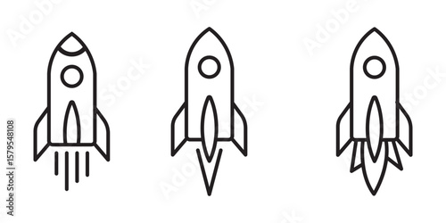Set of rocket vector icons. Launch spaceship or spacecraft. Rocket fast flying for space. New business start up.