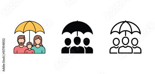 People under umbrella family safety icon set