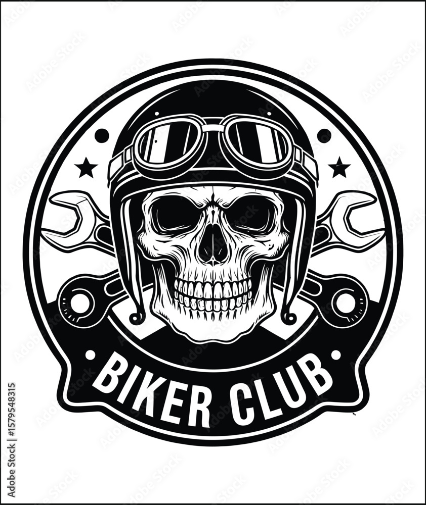 Fototapeta premium Biker Club Emblem with Skull Helmet Goggles and Wrenches in Black and White