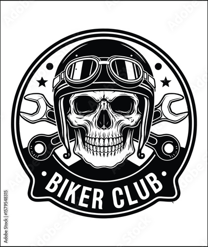 Biker Club Emblem with Skull Helmet Goggles and Wrenches in Black and White