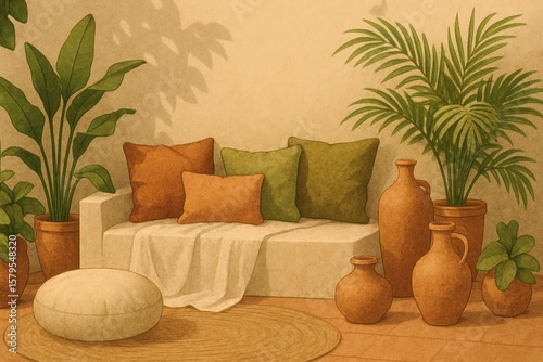 Cozy living space with plants and pottery in warm tones