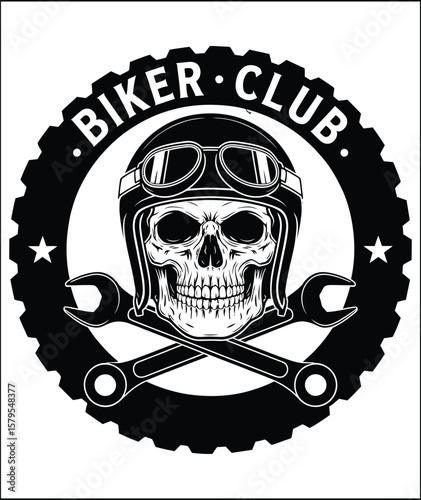 Biker Club Emblem with Skull Helmet Goggles and Crossed Wrenches in Black and White
