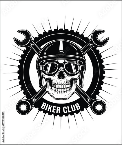 Biker Club Skull Emblem with Helmet Goggles Wrenches and Gear in Black and White