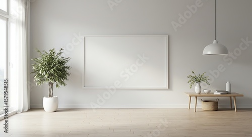 Minimalist interior design featuring a large blank canvas, potted plants, and a wooden console table.