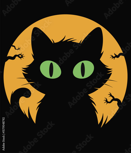 Black Cat Silhouette with Green Eyes Against a Full Moon Halloween Illustration