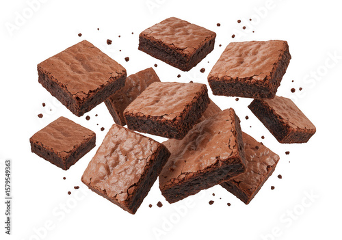 Delicious chocolate brownies floating on transparent background