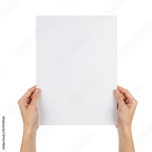  Two hands holding a blank vertical white paper isolated on transparent background