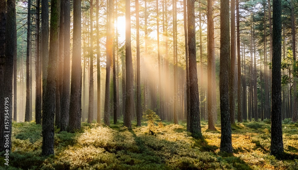 Fototapeta premium sunlit forest with tall pine trees and radiant light beams generative ai
