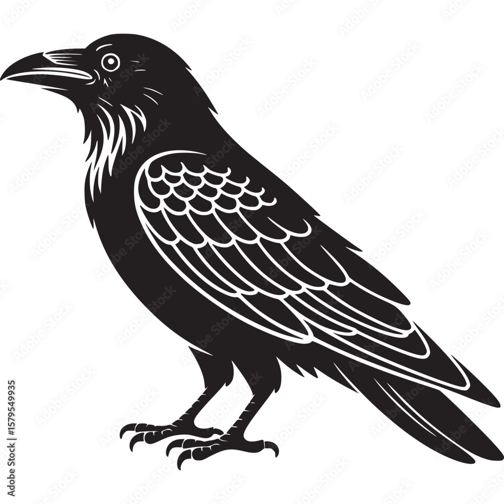 Fototapeta premium A stylized black raven with white outlines standing against a plain white background illustration on transparent background