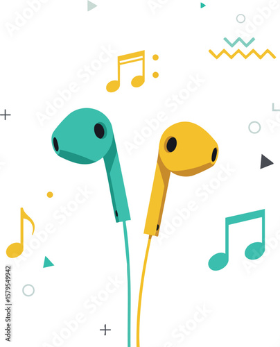 Colorful teal and yellow earphones with musical notes vector illustration for music lovers and audio devices design 