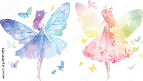 Watercolor Fairies with Butterflies Pastel Colors Fantasy Illustration Isolated on White