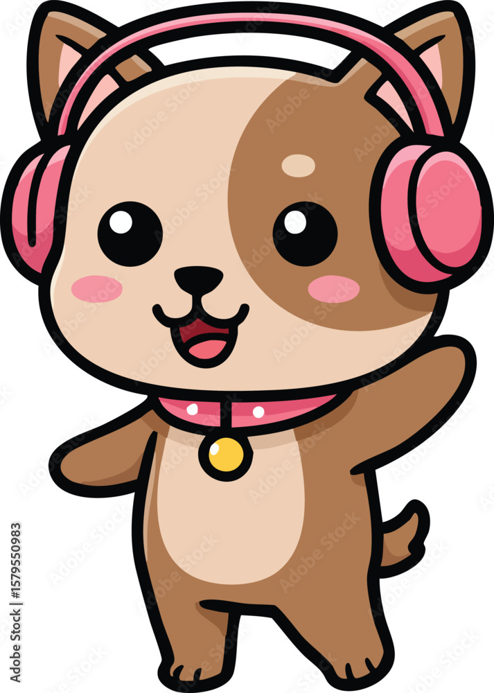 Fototapeta premium Cute cartoon dog listening to music with pink headphones and collar vector illustration 