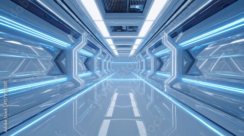 Futuristic Corridor – Glowing Lines, Virtual Reality Interior, Digital Abstract Technology Concept 