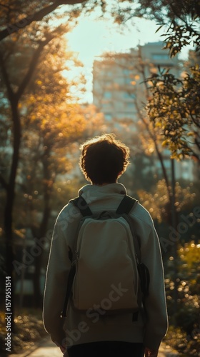 Young Person Walking Through Park at Sunset With Backpack and Trees Surrounding