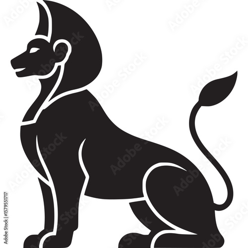 A stylized black silhouette of a seated anthropomorphic lion figure with a tail and headdress on transparent background