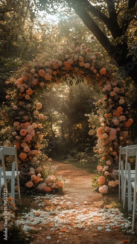 Romantic Floral Archway at a Sunlit Outdoor Wedding Venue Surrounded by Lush ...