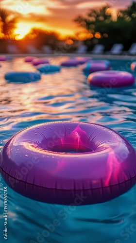 Colorful Swimming Pool Floats at Sunset Create a Serene Evening Atmosphere