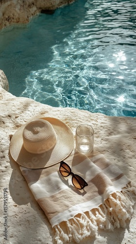 Relaxing Afternoon by the Pool With a Sun Hat, Towel, and Refreshing Drink
