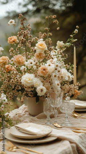 Beautiful Floral Centerpiece Arrangement at Outdoor Dining Table During Golde...