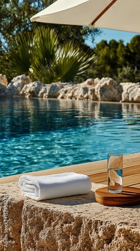 Relaxing by the Tranquil Pool With Refreshing Water and Cozy Towels at a Sunn...