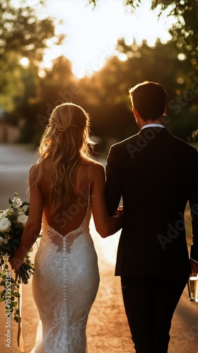 Newlyweds Walk Hand in Hand Toward Sunset After Outdoor Wedding Ceremony