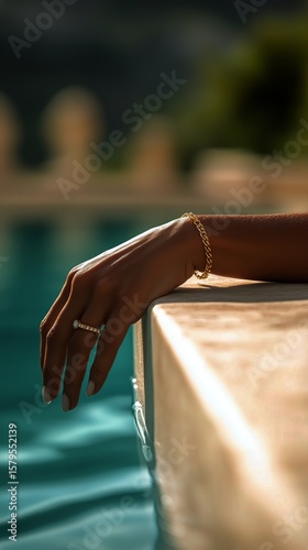 Elegant Hand Resting on Stone Edge Near Tranquil Turquoise Pool Under Bright ...