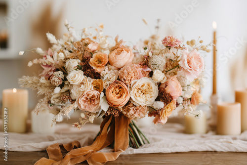 Elegant wedding bouquet in soft neutral tones featuring roses, ranunculus, and dried floral elements, styled with flowing ribbon and surrounded by warm candlelight