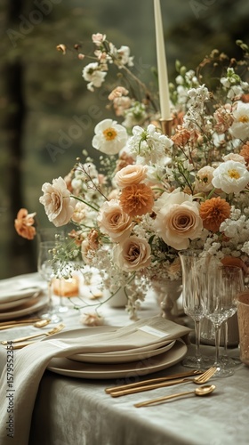 Elegant Outdoor Dining Setup With Floral Centerpiece and Candlelight at Sunset.